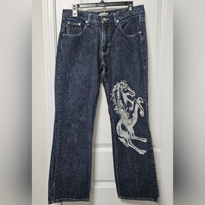 VTG Crest Jeans Junior 15/16 (32x29) Blue Silver Metallic Horse Bootcut Mid-Rise
